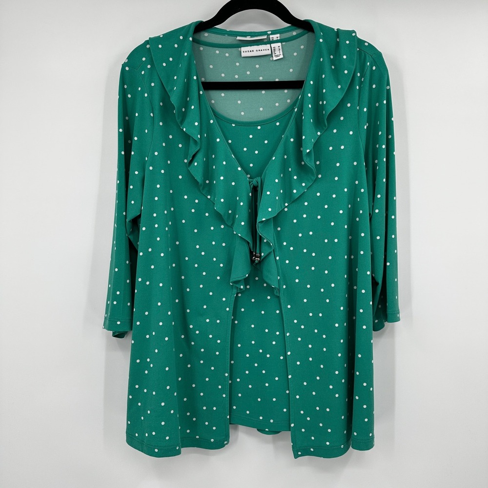 Susan Graver Green Polka Dot Retro Mod 2 Piece Tank Ruffle Cardigan Set Medium